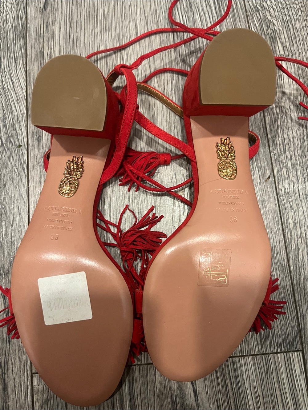 Red Fringe Lace-Up Women's Sandals Wild Suede Red block heel size 38 Aquuazzura - Picture 3 of 4